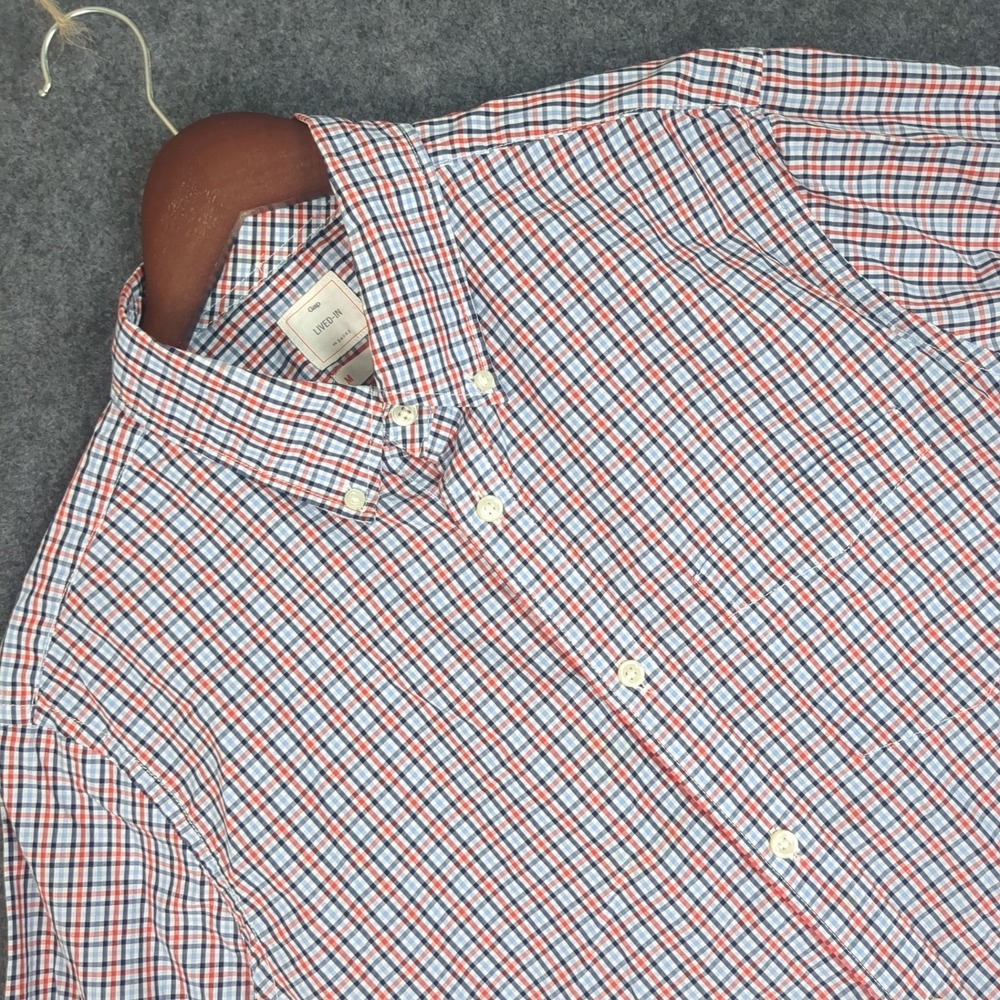 Gap Lived-In Mens Medium Red White Blue Plaid Long Sleeve Button Down Shirt